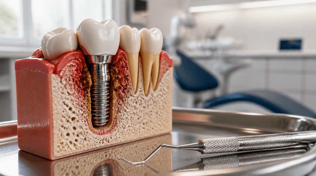 Dental implant model with peri-implantitis annotations on a clinical tray at a Smyrna dental practice