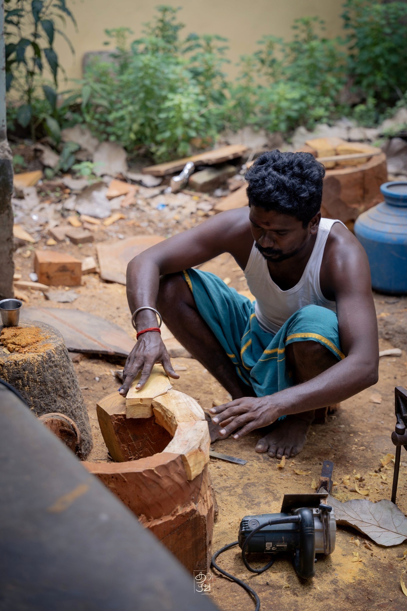 Chiselling a block of jackwood