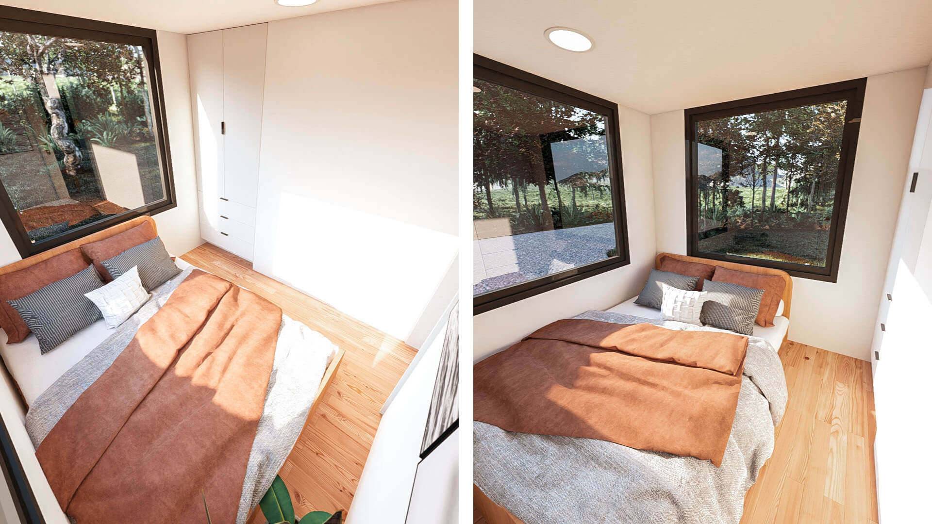 Master bedroom on the ground floor in this 3 bedroom tiny house