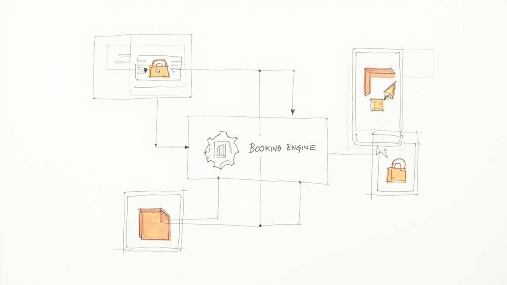 Hand-drawn system diagram showing a central booking engine connected to security, data, and user interface components.