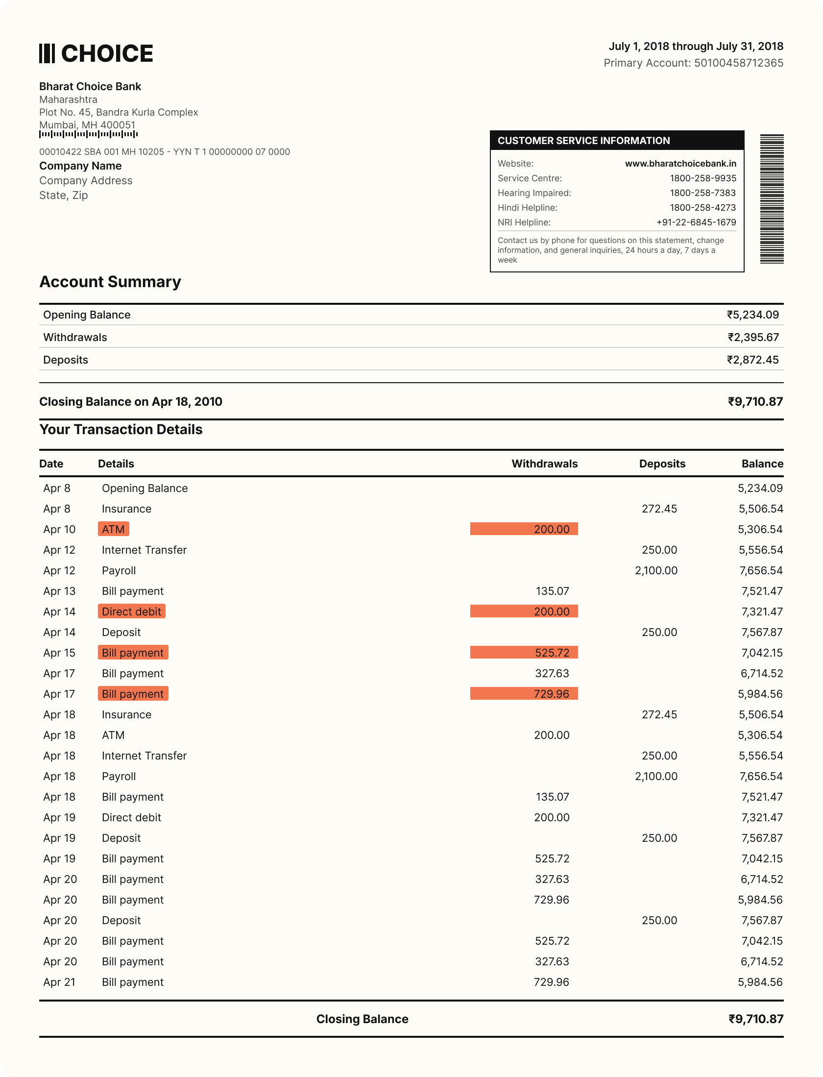A bank statement showing account summary and itemised transaction details