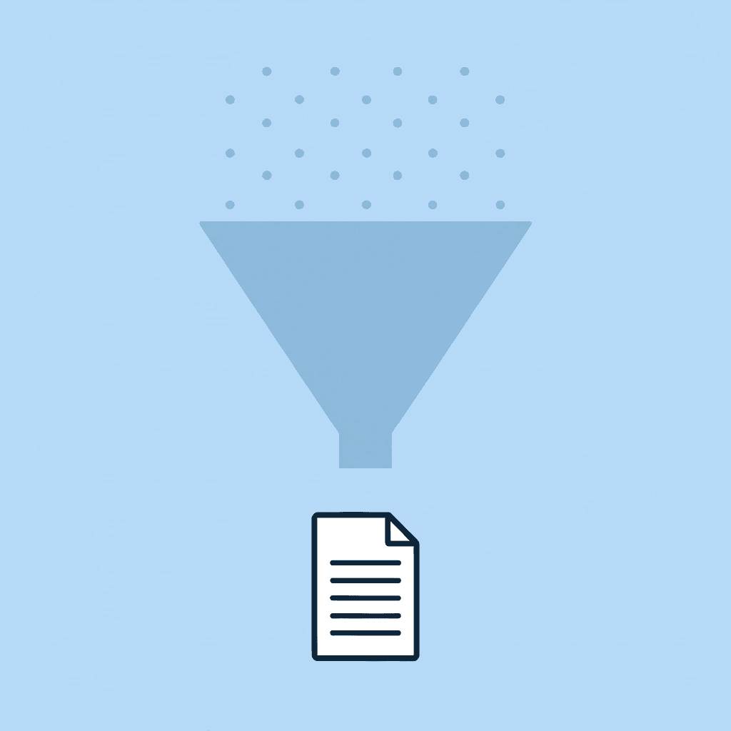 Funnel diagram showing documents entering at top, filtered through error detection and prioritization, with key issues emerging at bottom