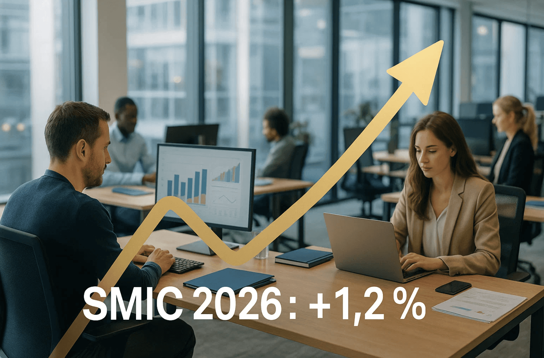 Illustration représentant la hausse du SMIC en 2026, avec un graphique ascendant symbolisant une augmentation de +1,2 %. En arrière-plan, un open space moderne montre des salariés au travail, évoquant la croissance économique et la revalorisation des salaires.