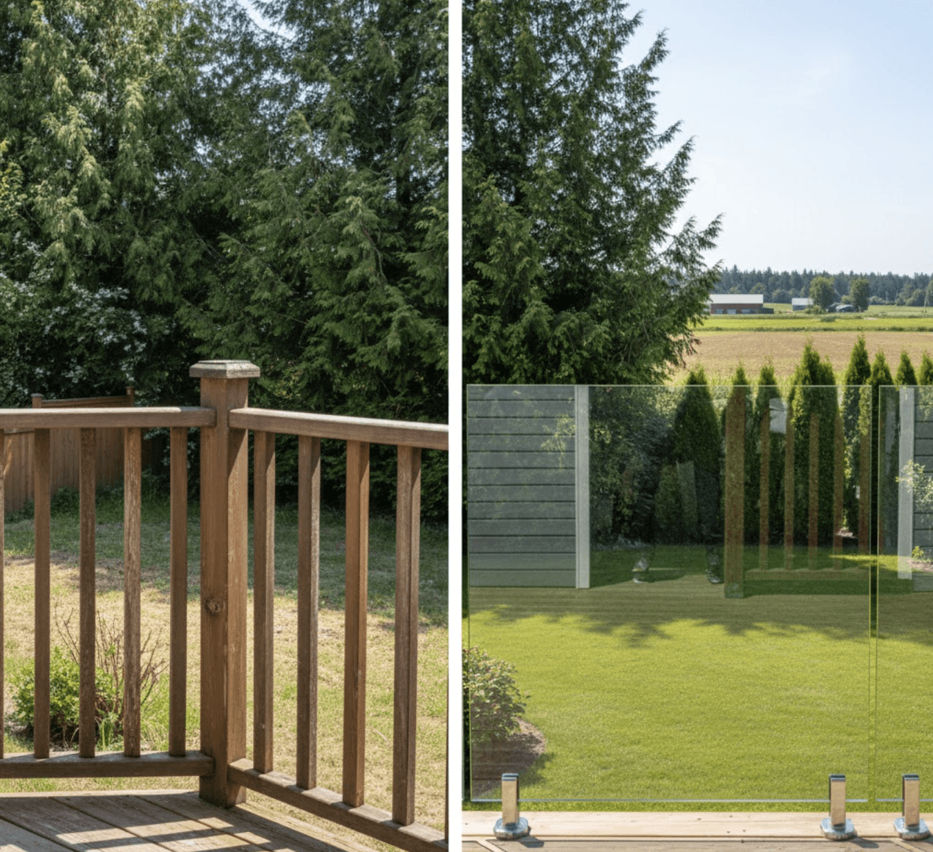 Split view of an Abbotsford backyard deck. Left side shows an old weathered wooden railing with peeling stain and blocked views typical of older Fraser Valley homes. Right side shows the same deck transformed with crystal clear frameless glass railing, open views to a manicured backyard with mature cedar trees and distant farmland. Bright BC summer daylight. Photorealistic before and after comparison, clean editing, architectural photography style.