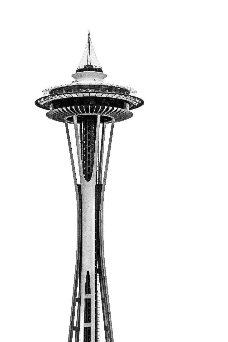 a black and white photo of the space needle (Background Removed)