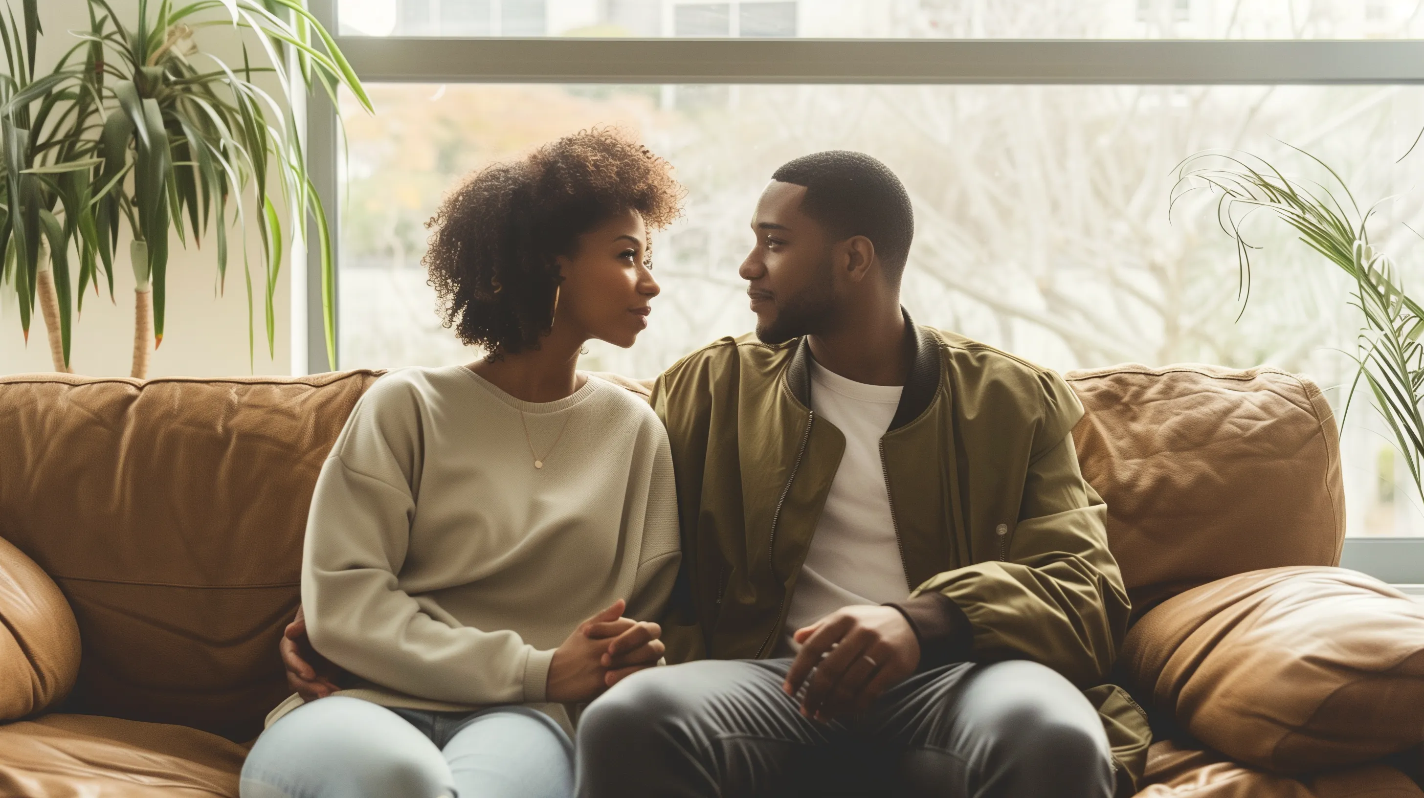 Couple engaged in deep, meaningful conversation with warm lighting showing emotional connection