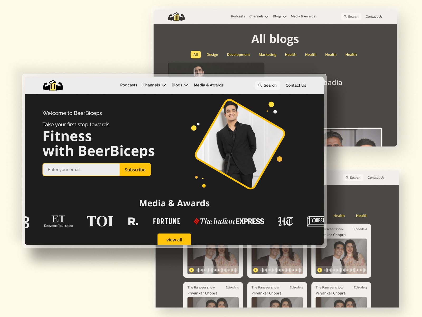 Collection of mockups of various pages of the website for Desktop