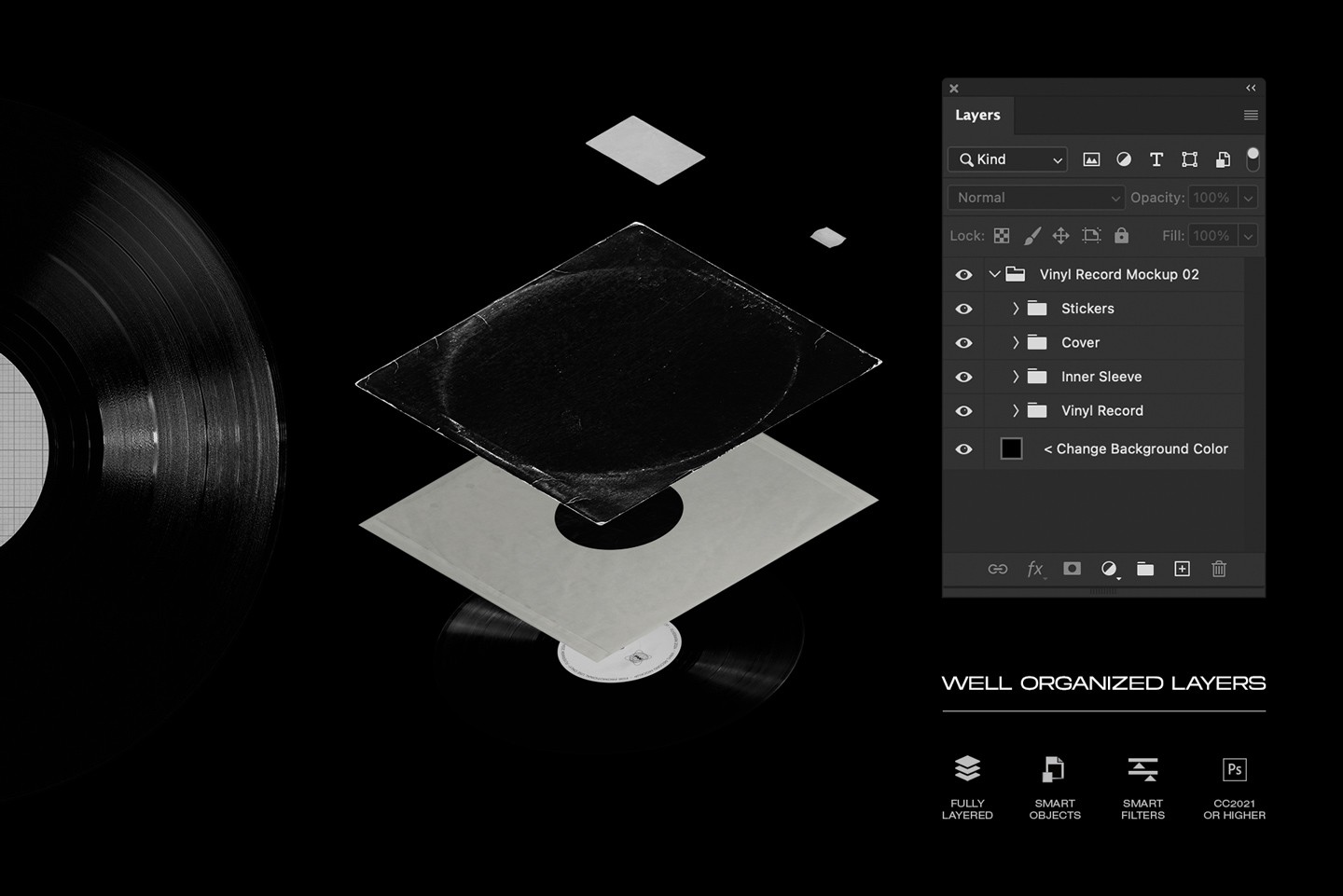 Vinyl record mockup Photoshop template with smart objects and organized layers