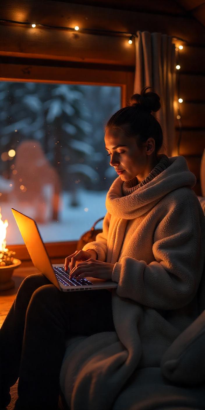 Heso blog image, a woman in her camping car working on something on ther laptop