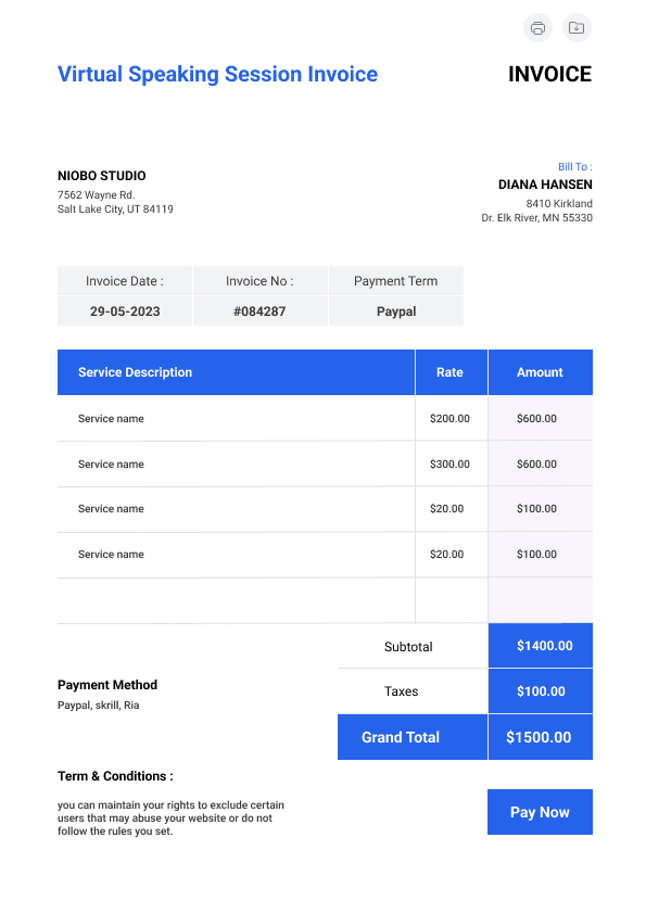 Virtual Speaking Session Invoice