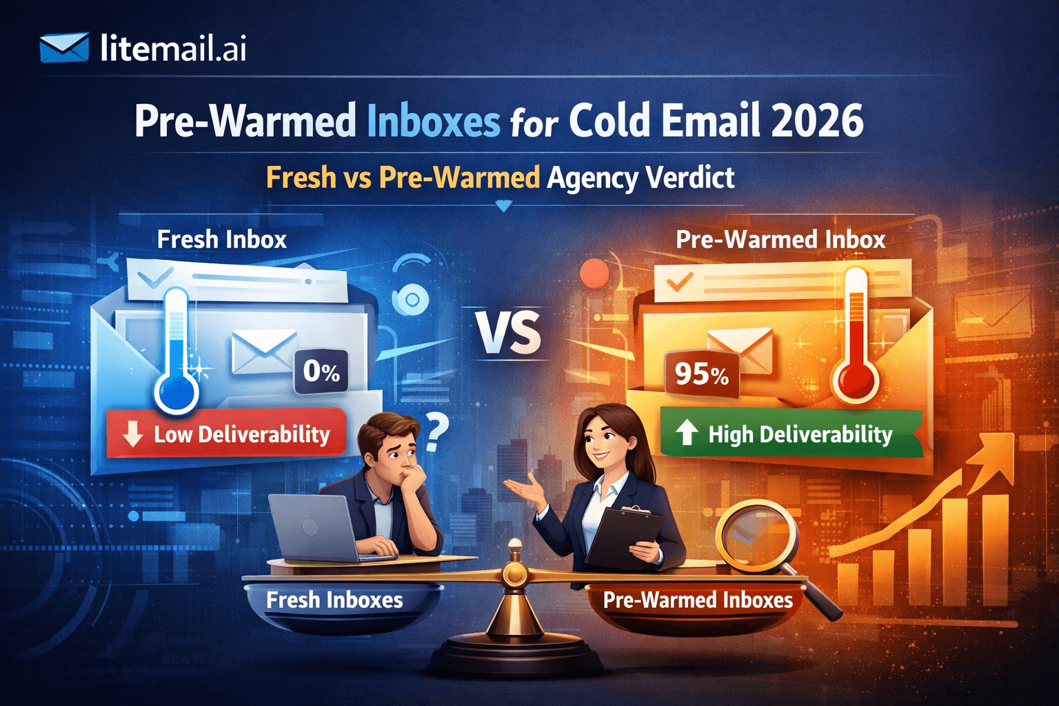 how pre-warmed inboxes improve cold email deliverability in 2026, featuring a laptop warming up email reputation, rising graph, envelopes with checkmarks, and a rocket symbolizing improved performance.
