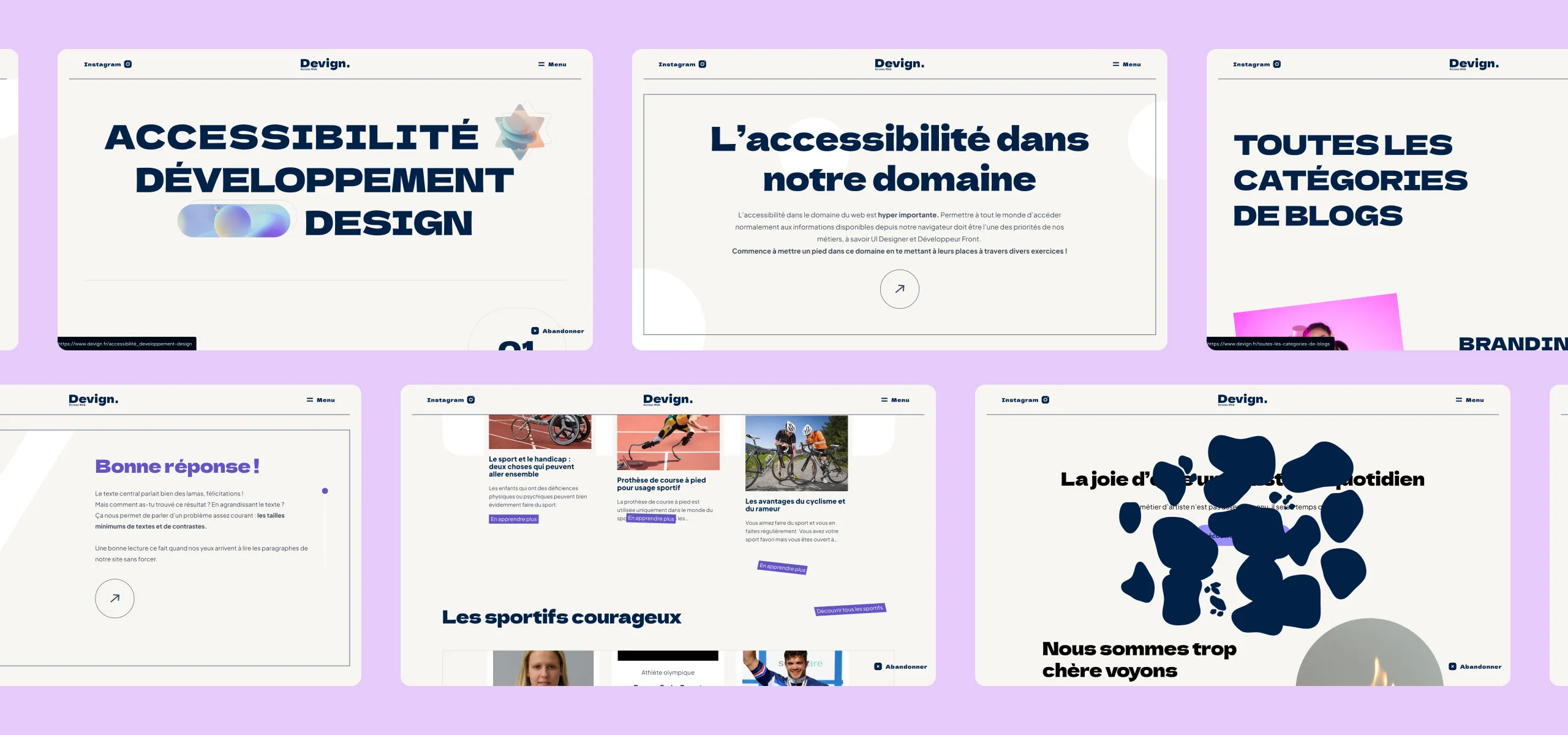 Images montrant plusieurs écrans du site internet Devign, l'accessibilité Web