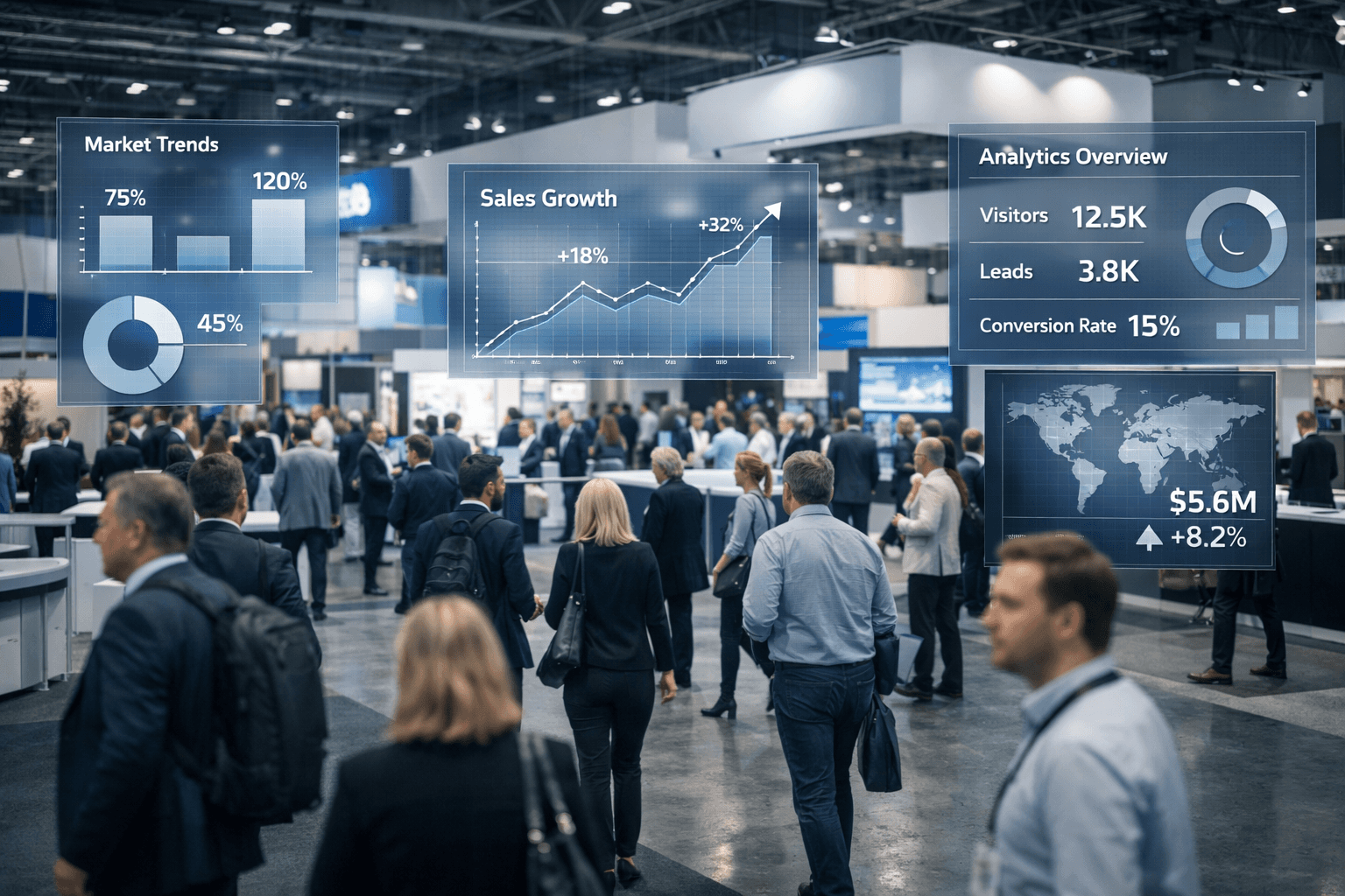 B2B trade show floor with data overlay visualizing fragmented attendee analytics across an exhibition