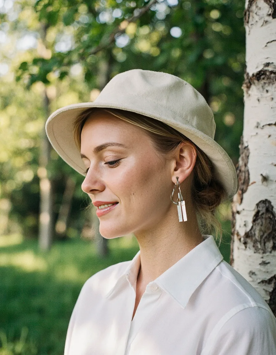 Profile portrait in a birch forest, person wearing cream fedora hat and white shirt, bathed in soft natural light with bokeh effect