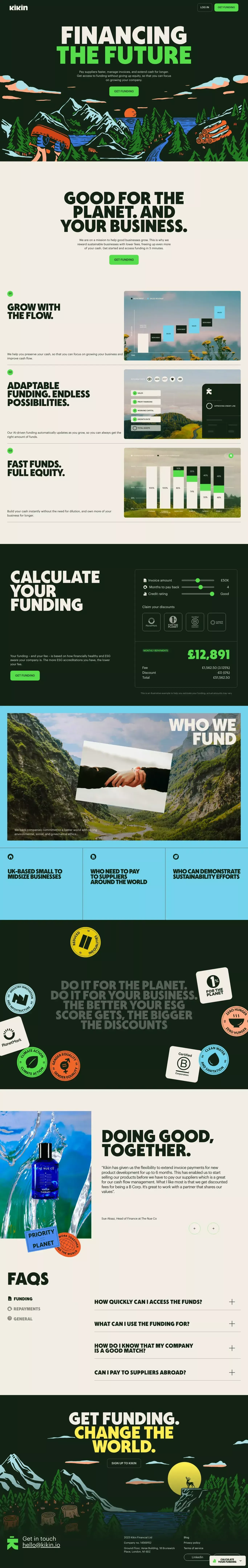 Kikin landing page screenshot showcasing Finance design
