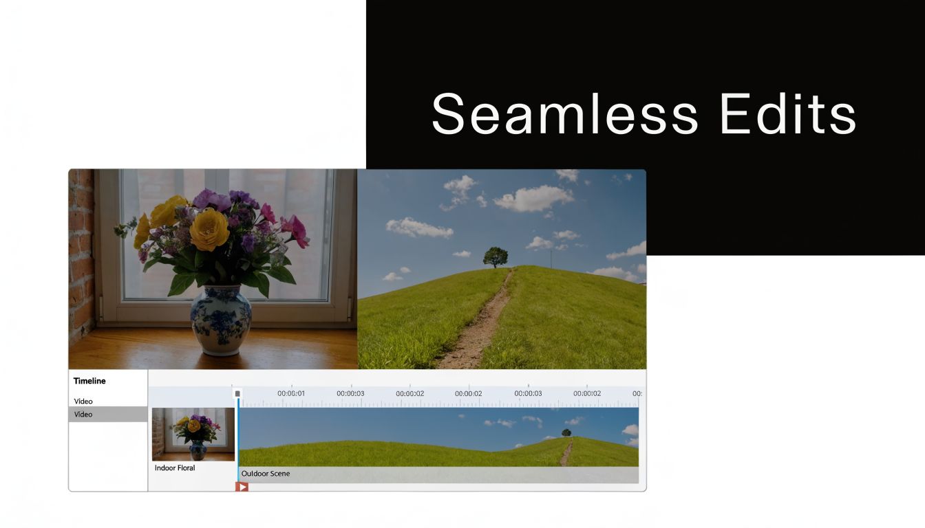 A video editing interface displaying a timeline showing how to combine two different video clips together.