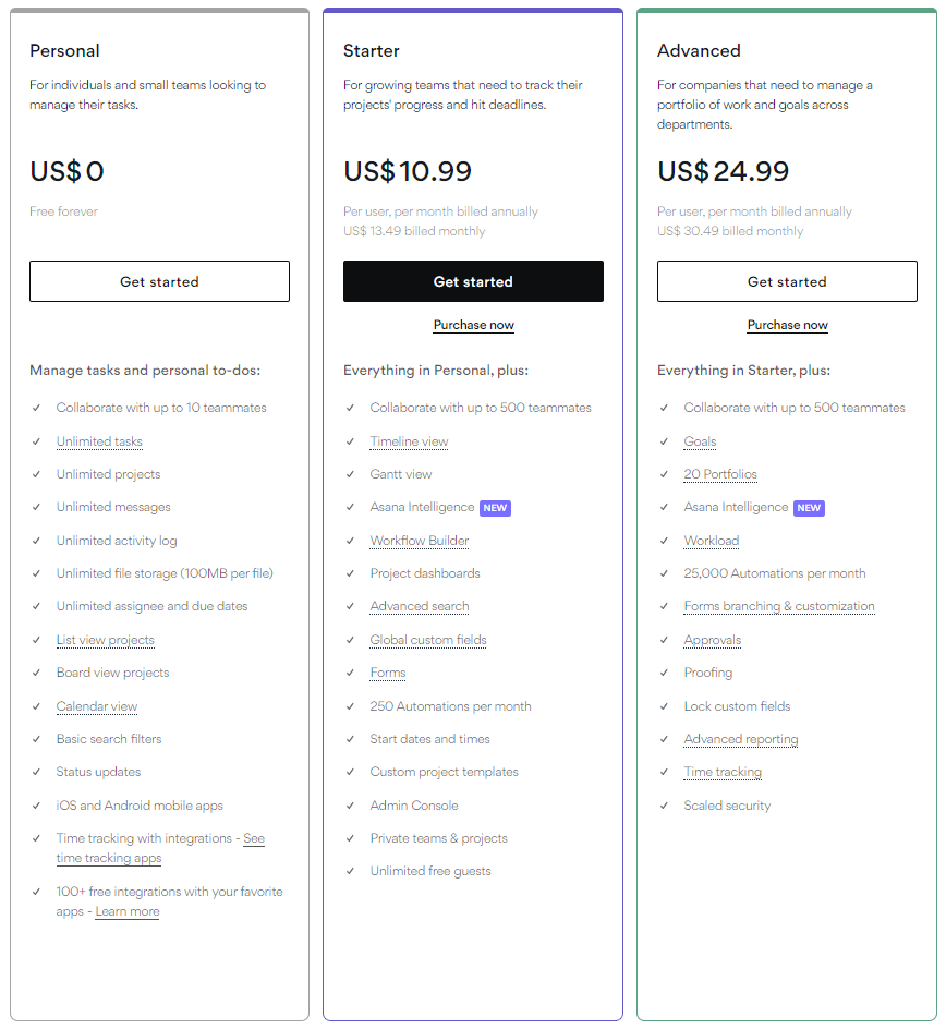 Screenshot of Asana's pricing