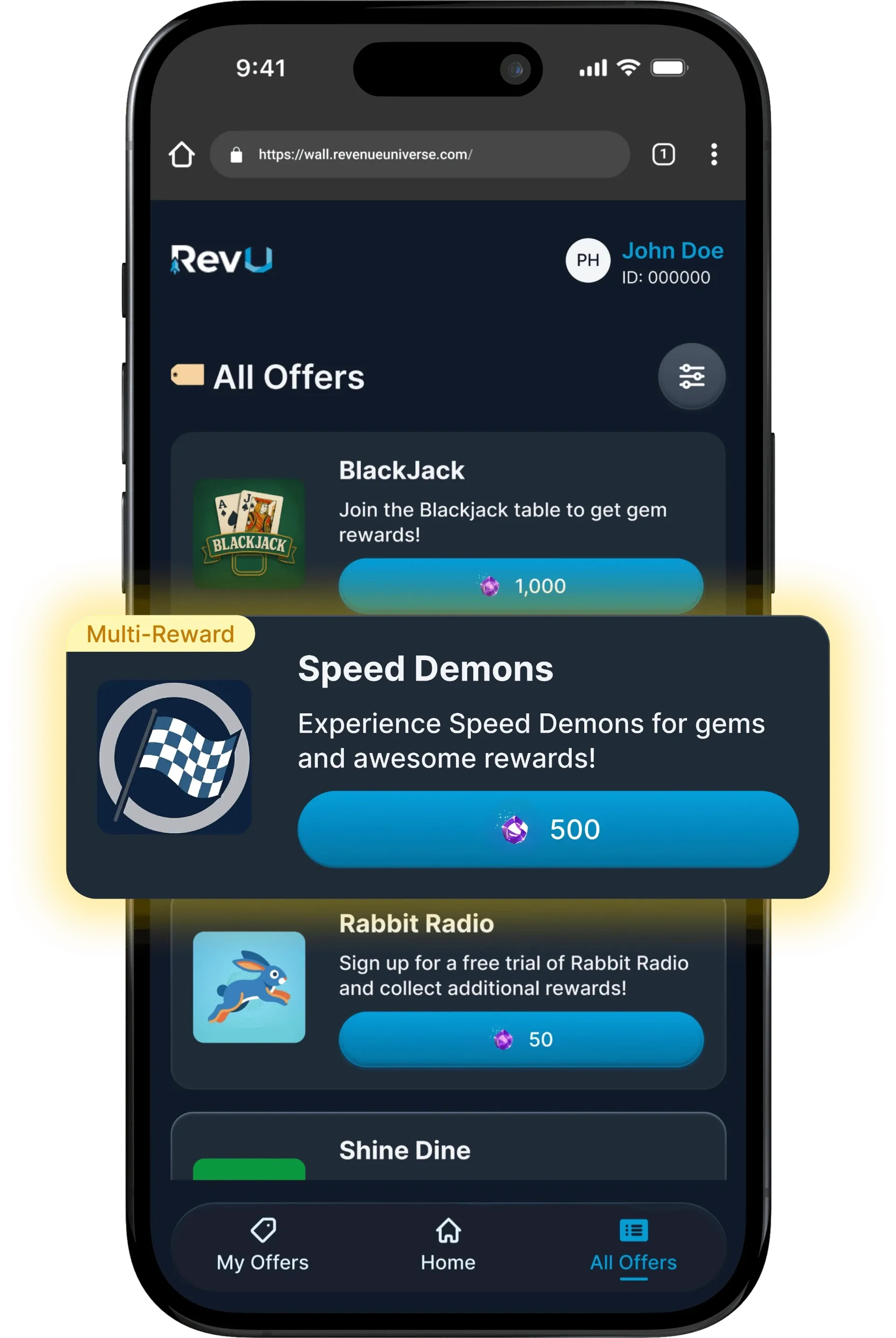 Smartphone showing an offerwall with multiple reward offers.