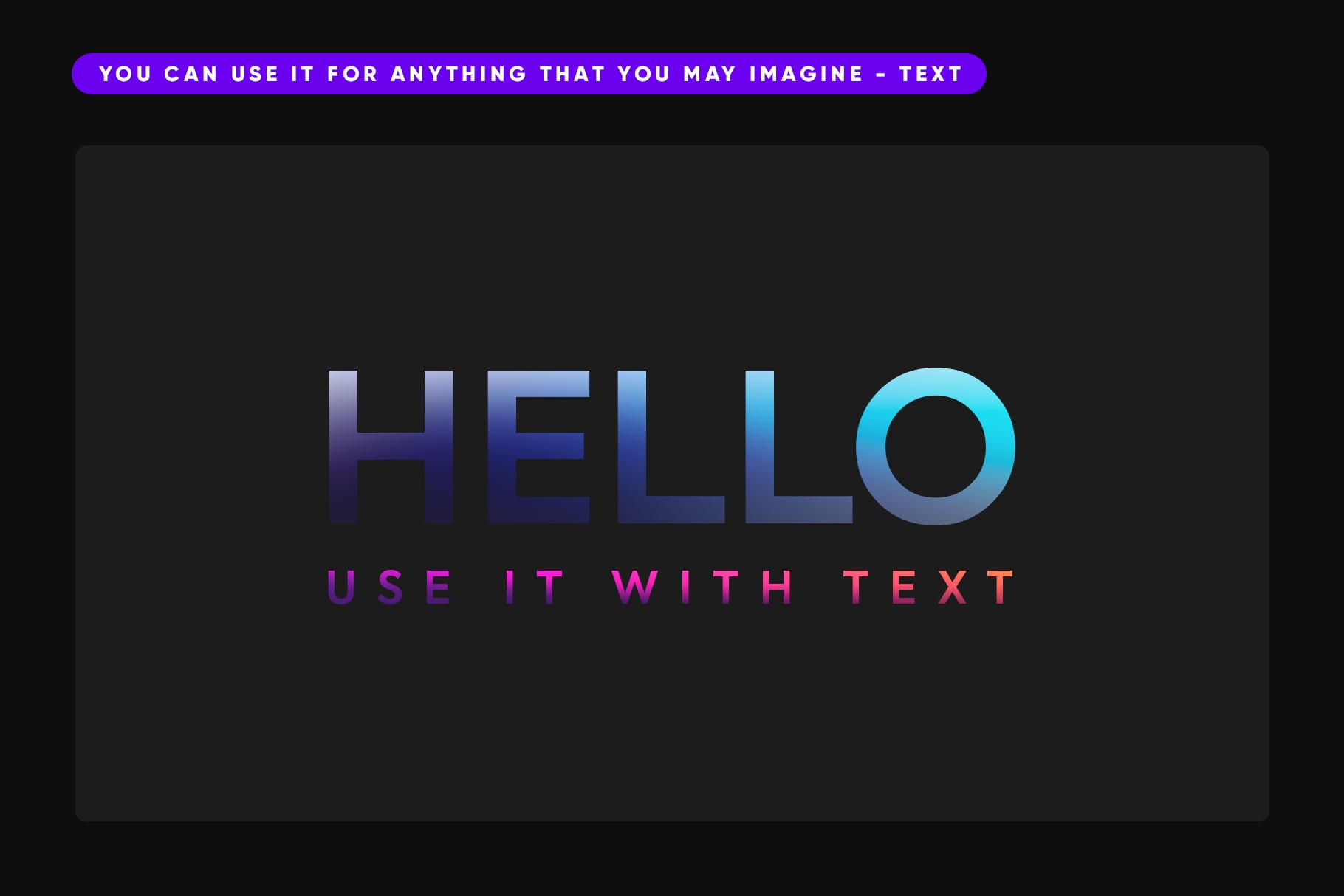Typography example displaying "HELLO" with colorful gradient text effects.