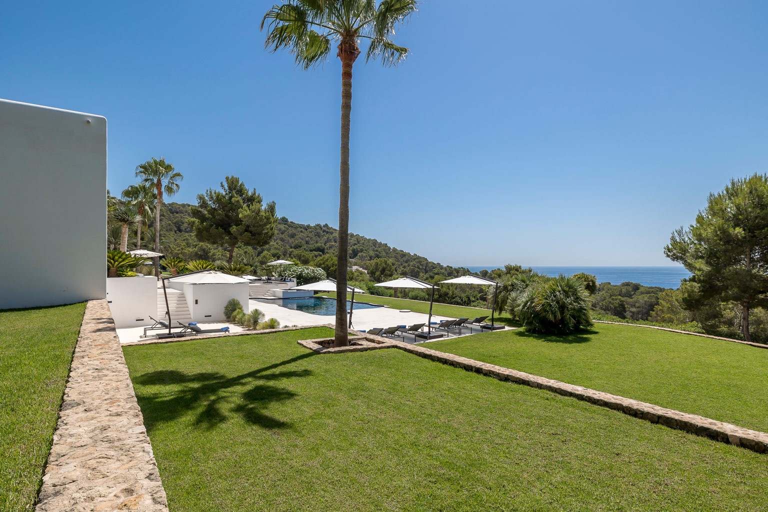 East view of the exclusive luxury villa in Ibiza—private VIP estate property holiday retreat for weddings and events.