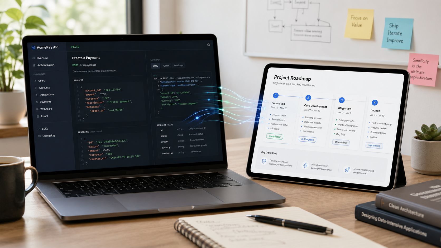 A laptop and tablet displaying API documentation and a project roadmap on a wooden office desk.