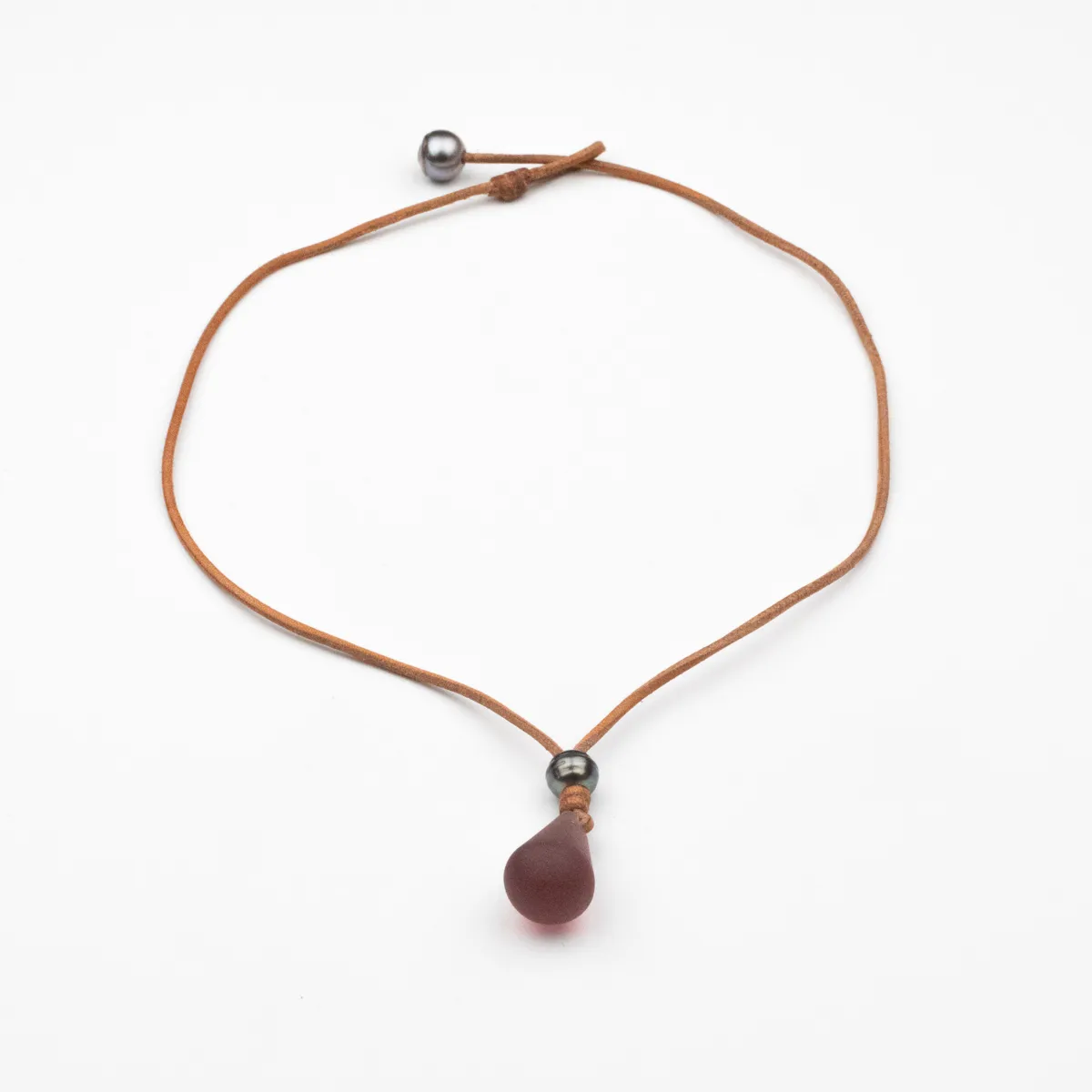 Burgundy Sea Glass drop and Tahitian Pearl pendant on natural leather cord necklace with pearl toggle closure — Manos de Oro Saint Barth