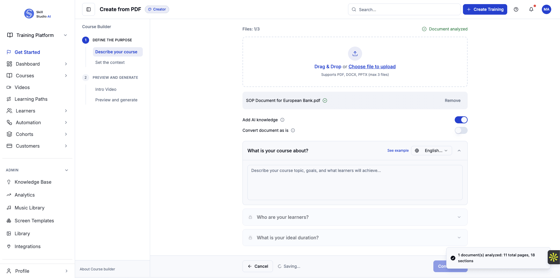 Enter your course topic and goals in the description field so the AI can generate relevant content.