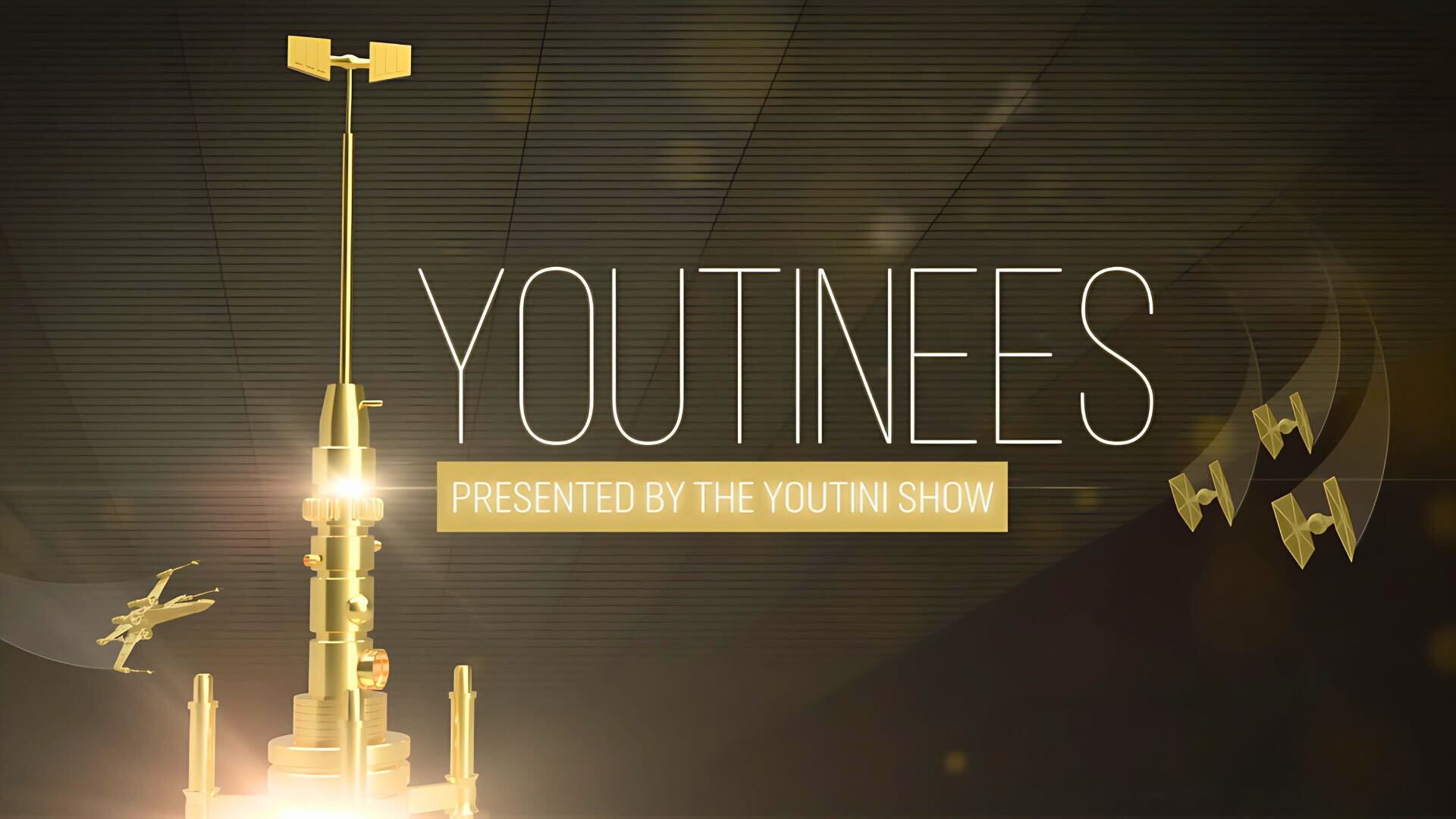 Logo for the Youtinees Presented by The Youtini Show with a golden vaporator on the side and an X-Wing flying towards it