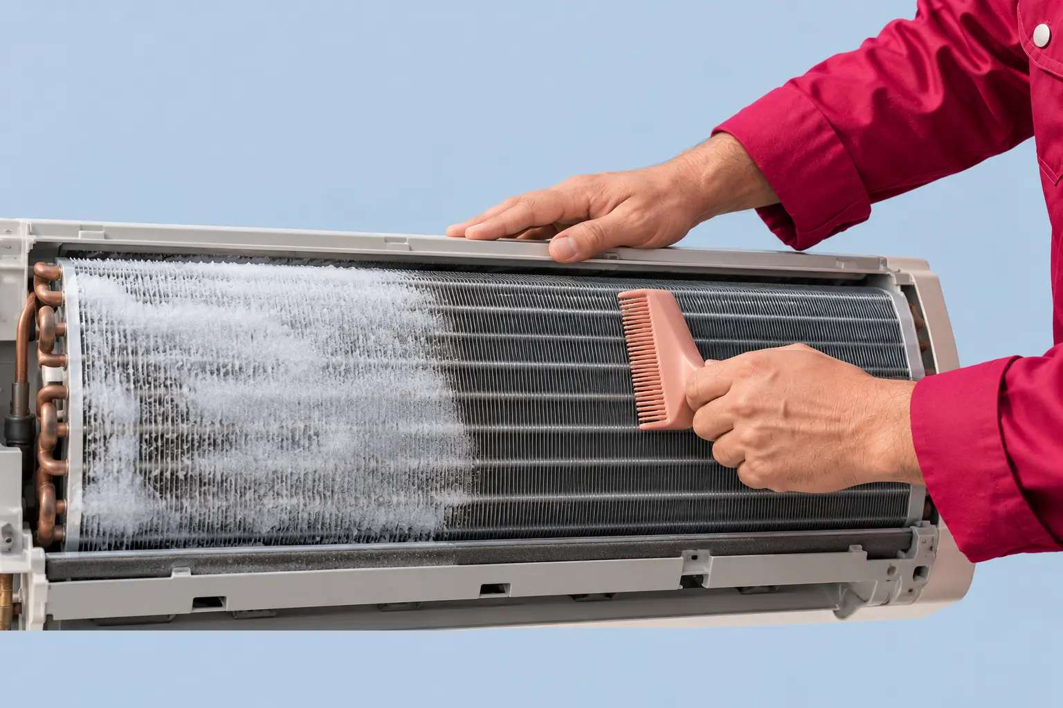 Technician combing the fins of a frosted indoor air-conditioner coil