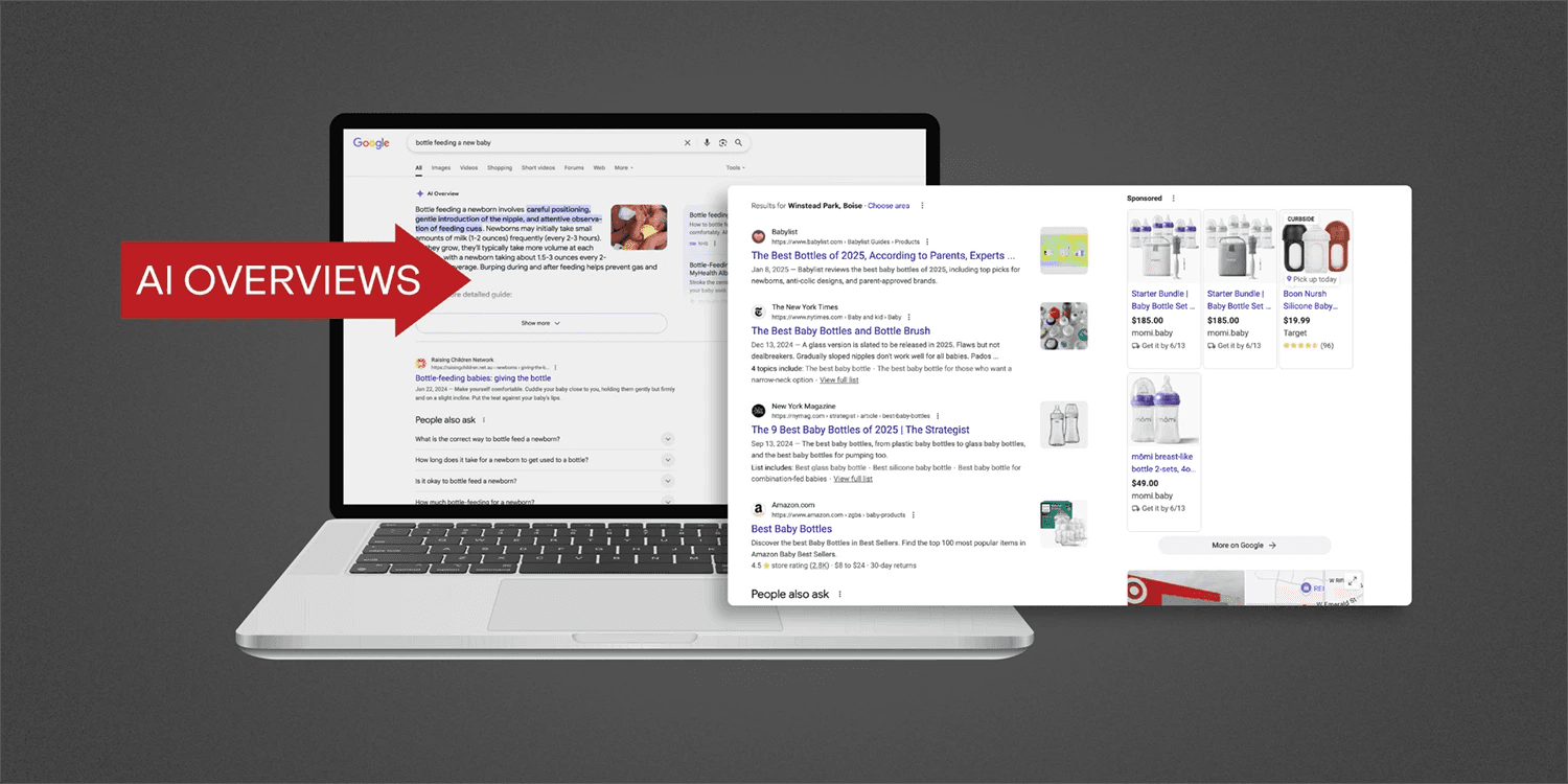 "AI Overviews" written on a red arrow and pointing to a laptop screen with baby product search results.