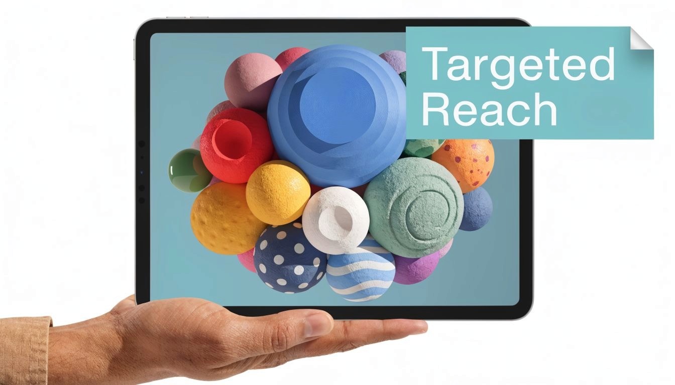 A hand holding a tablet displaying colorful 3D abstract spheres with the text Targeted Reach overlaid.