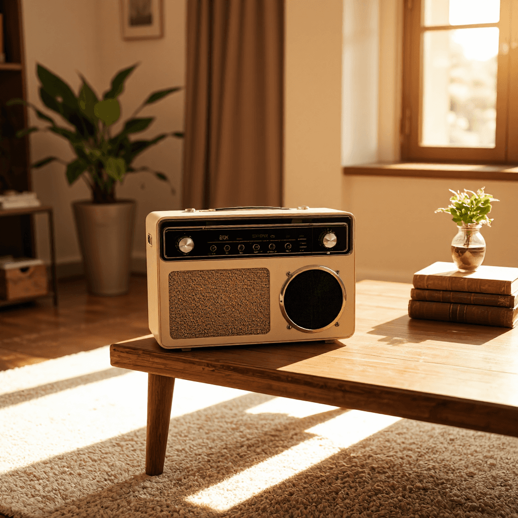 product photography of a vintage portable radio with an open design showcasing its controls and speaker