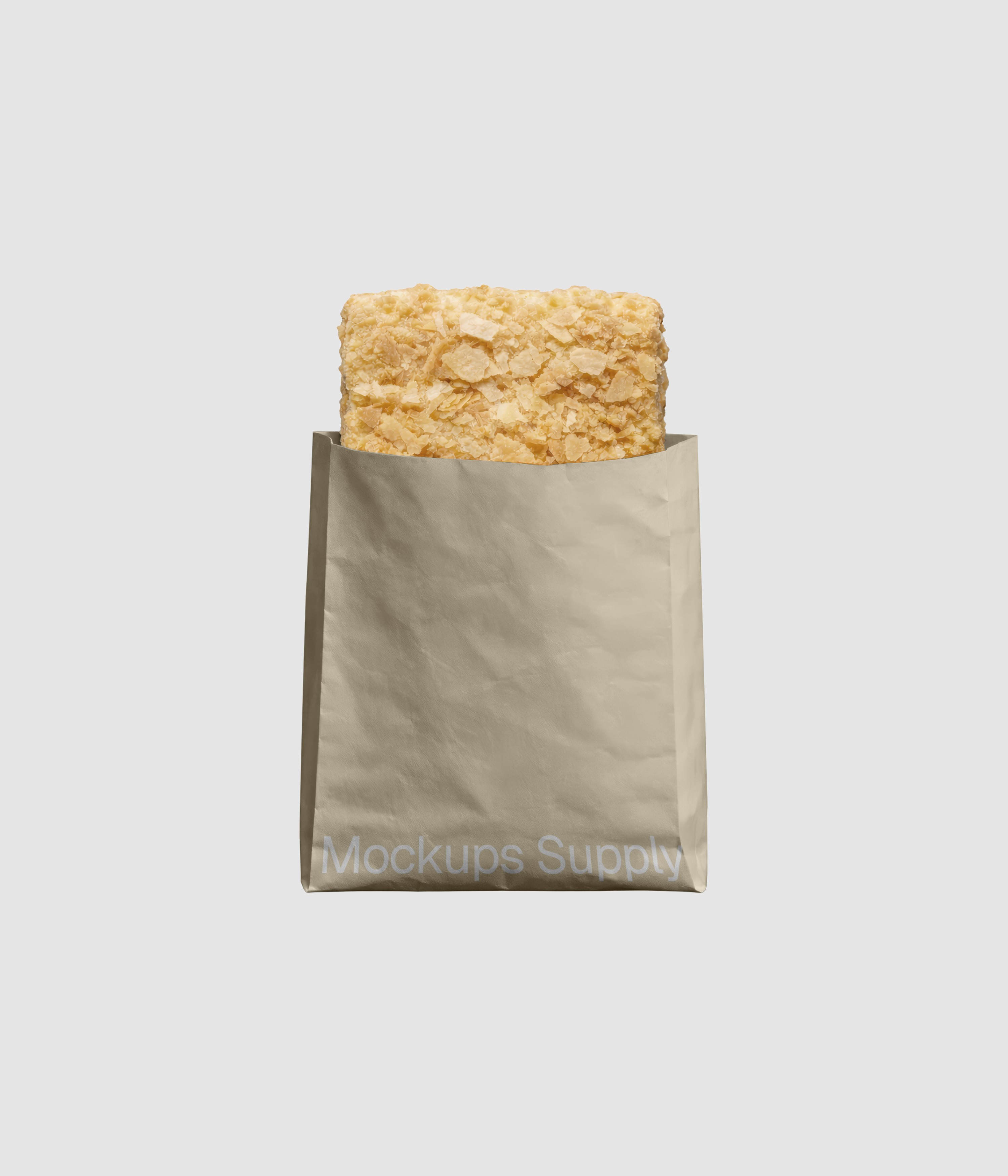 Piece of napoleon cake in beige paper bag mockup on neutral background editable PSD