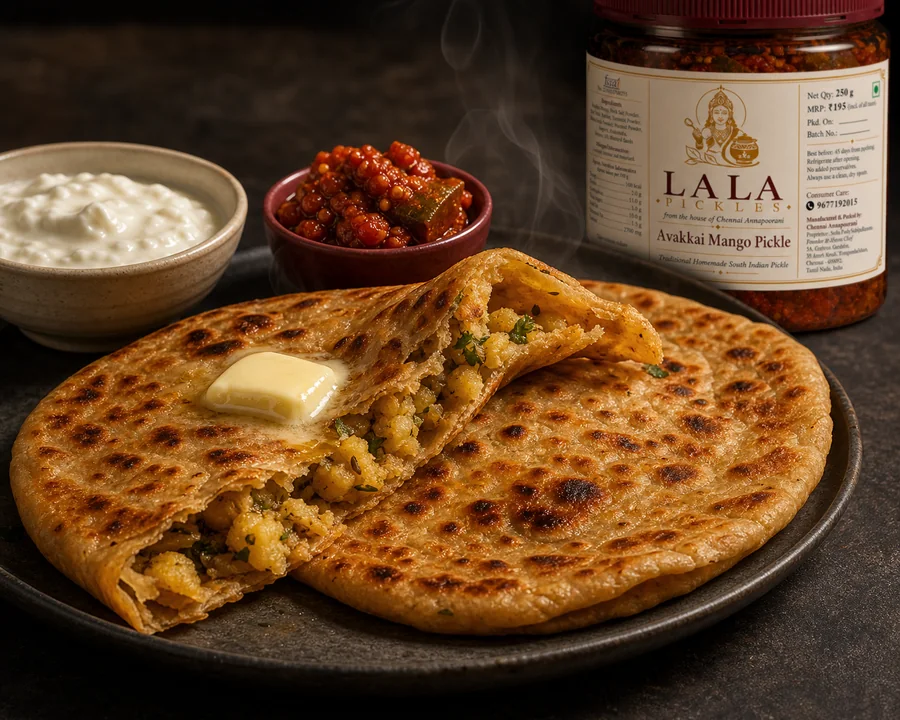 Paratha and curd with a spoonful of LALA pickle