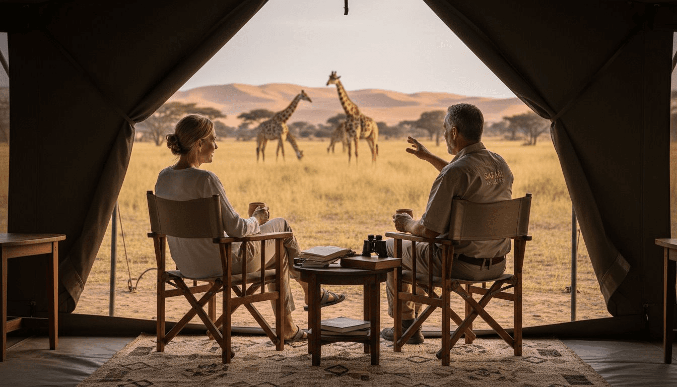 Safari guide and guests in tent observing giraffes