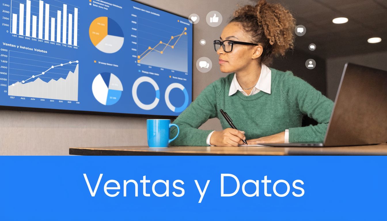 Una mujer joven con gafas analiza gráficos de negocios y ventas proyectados en una pantalla grande.