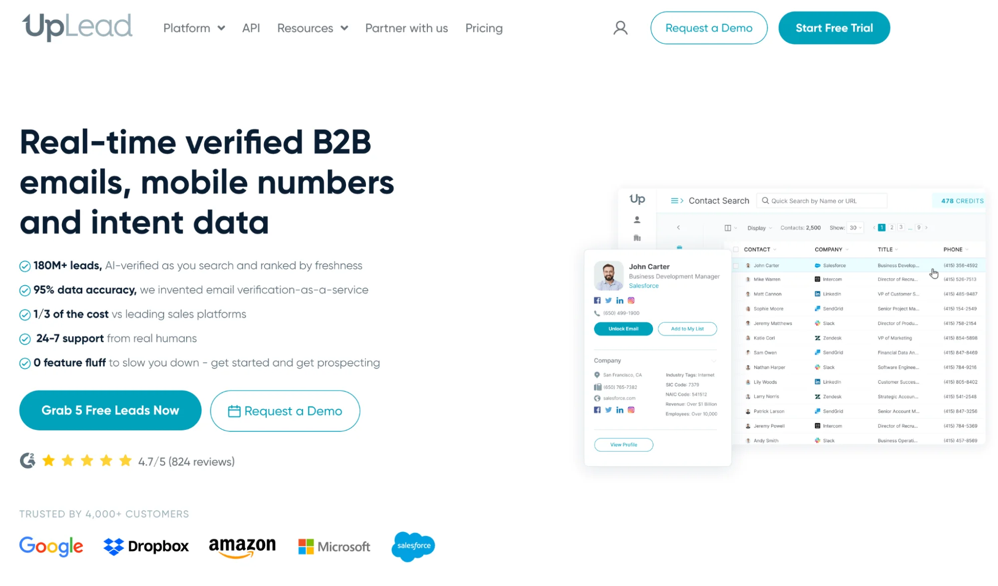 UpLead homepage: verified B2B contact data and prospecting platform