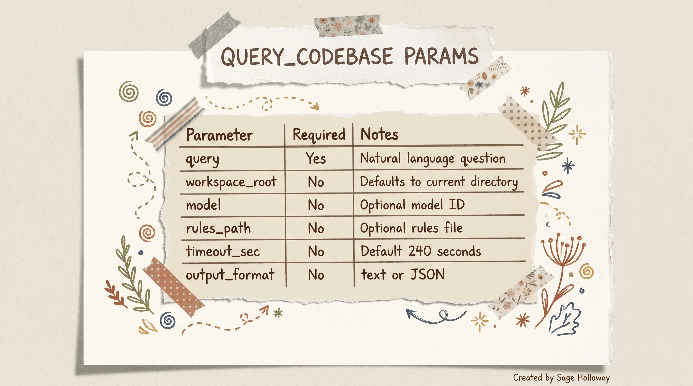 Table listing query_codebase MCP tool parameters, required flags, and defaults
