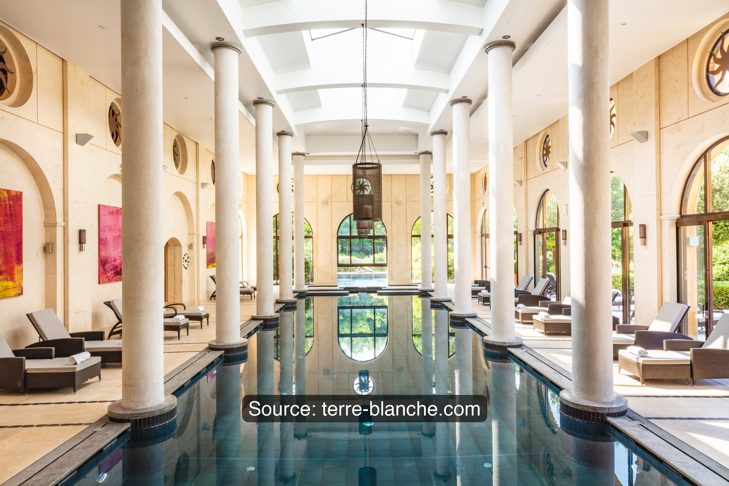 Indoor pool with columns at the Spa at Terre Blanche