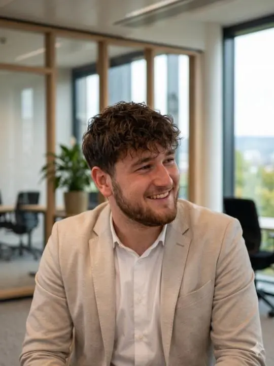 Ein Mann in beiger Sakko und weißem Hemd in einem Büro.