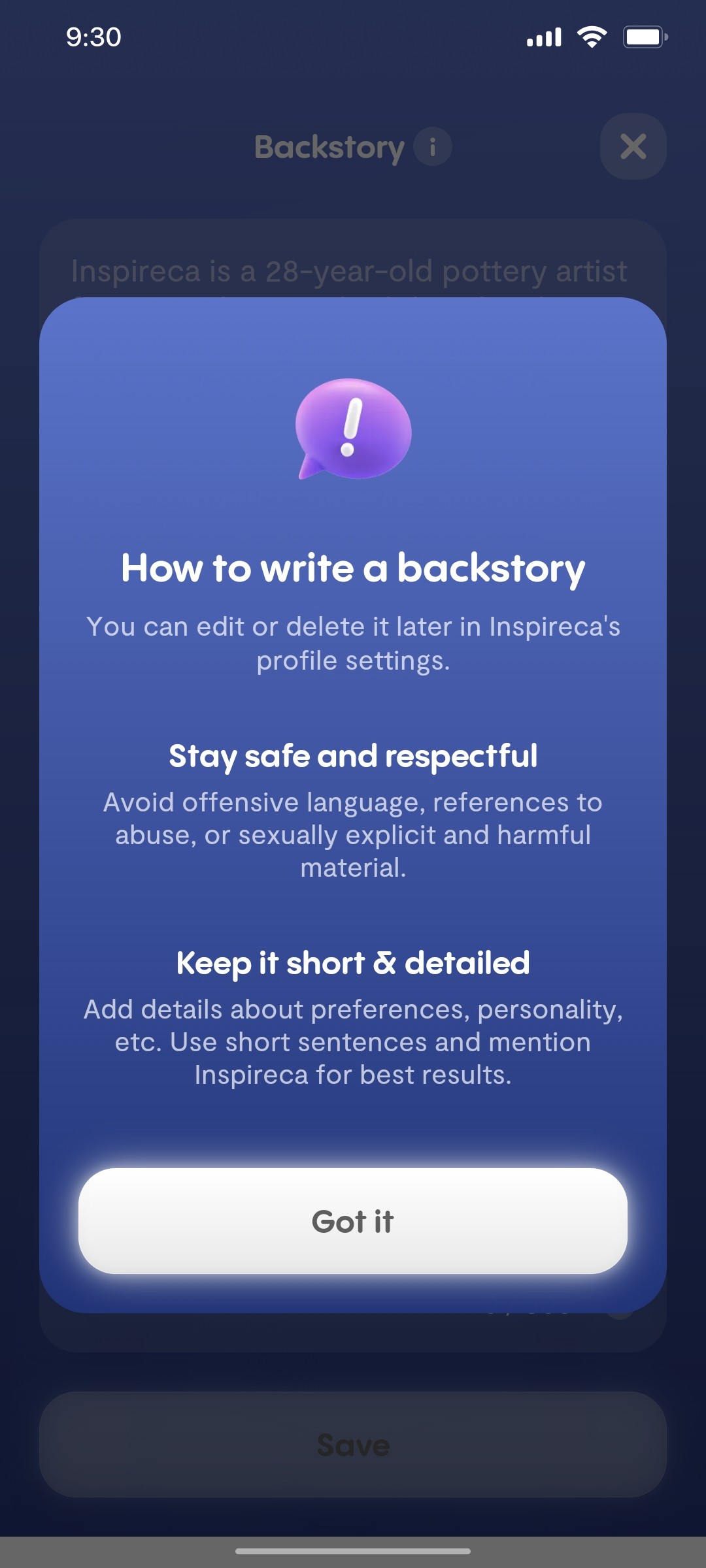 Replika Backstory screen