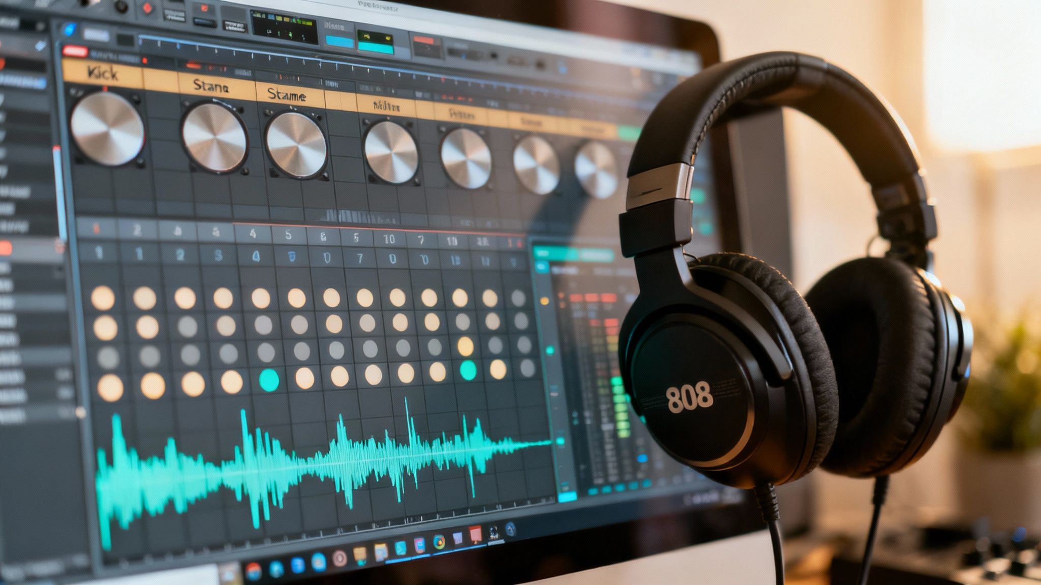 A close-up of a producer's hands on a drum pad machine, with a DAW visible on a computer screen in the background.