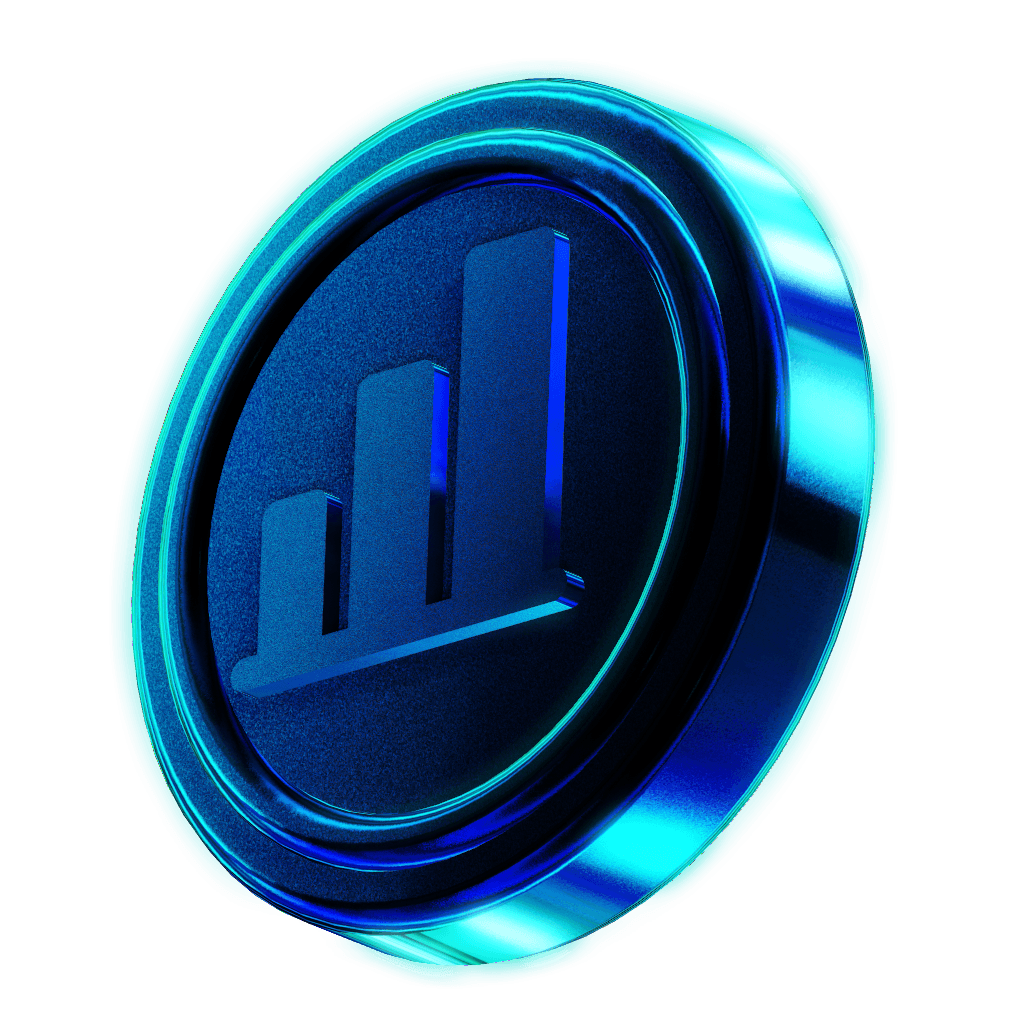 Shiny 3D Coin in Glassy Blue Color with a Bar Chart Icon Graved on Top 
