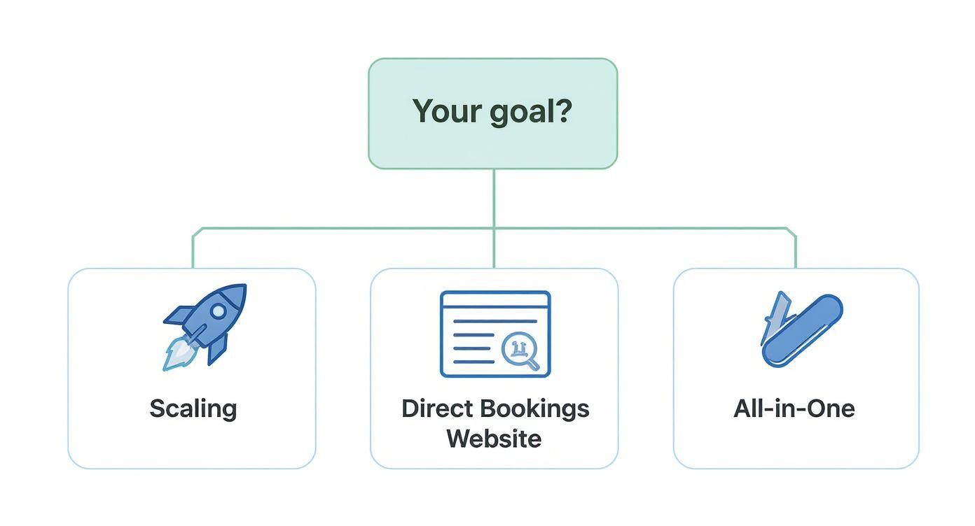 Flowchart illustrating property management software goals: Scaling, Direct Bookings Website, and All-in-One solutions.