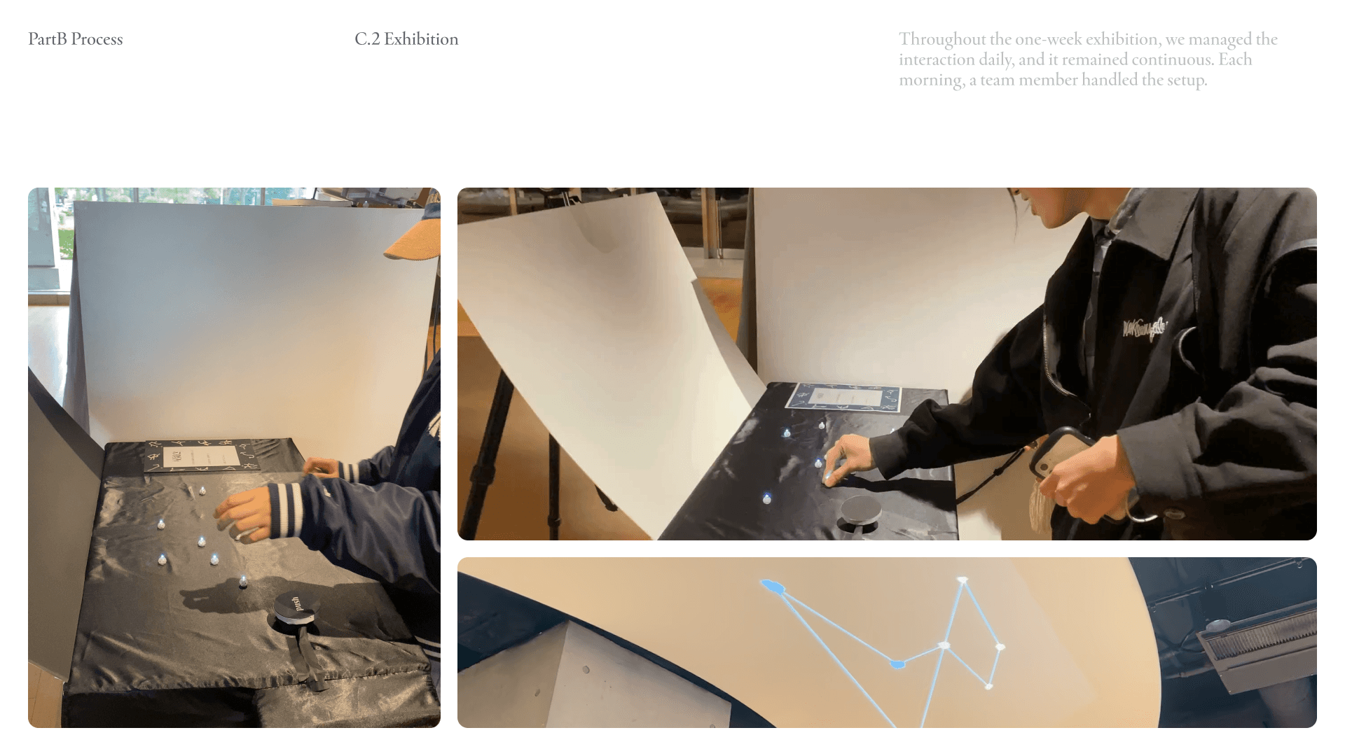 Throughout the one-week exhibition, we managed the interaction daily, and it remained continuous. Each morning, a team member handled the setup.