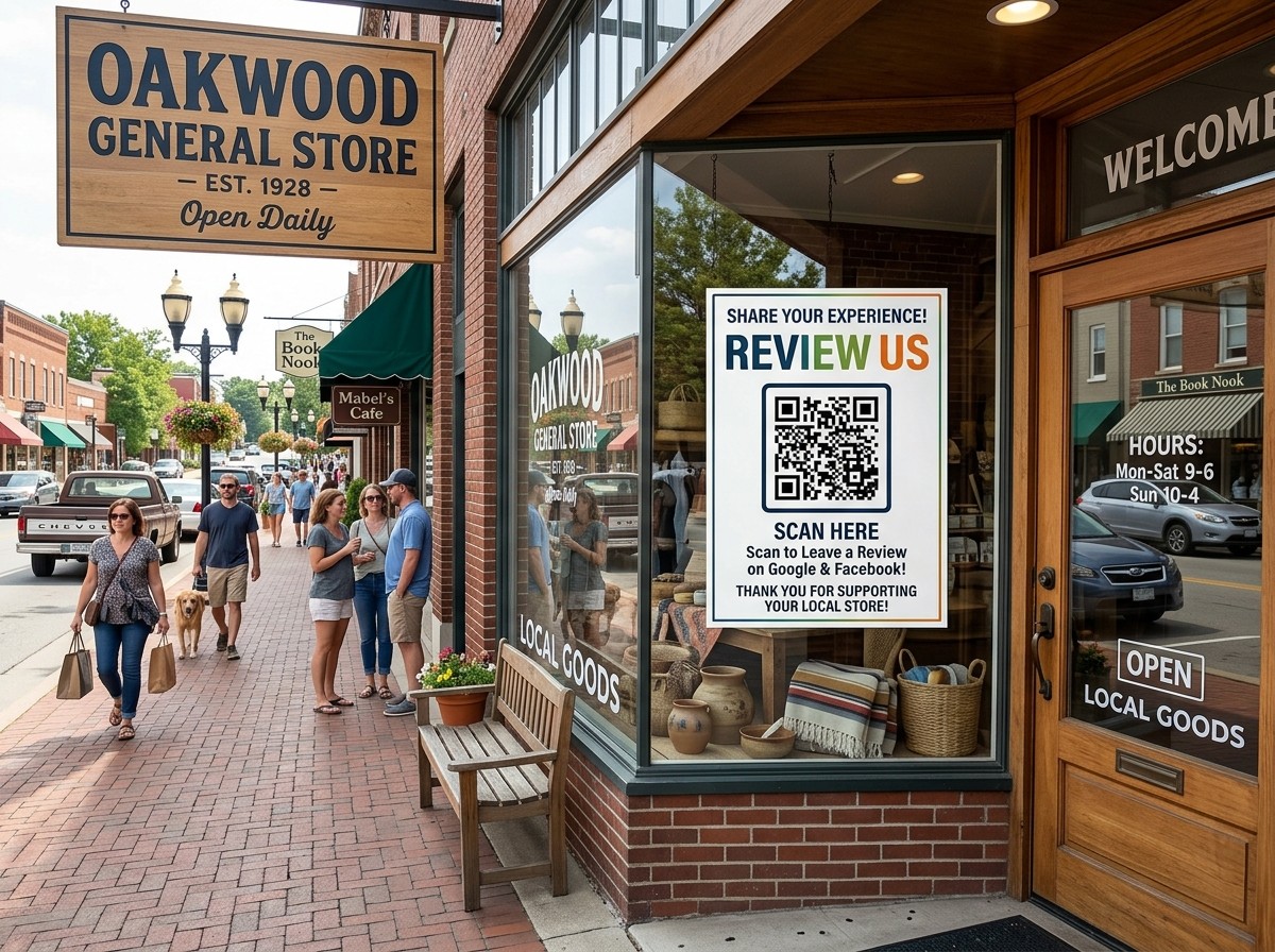 A storefront window displaying a "Review Us" QR code to encourage customer feedback - How to get online reviews