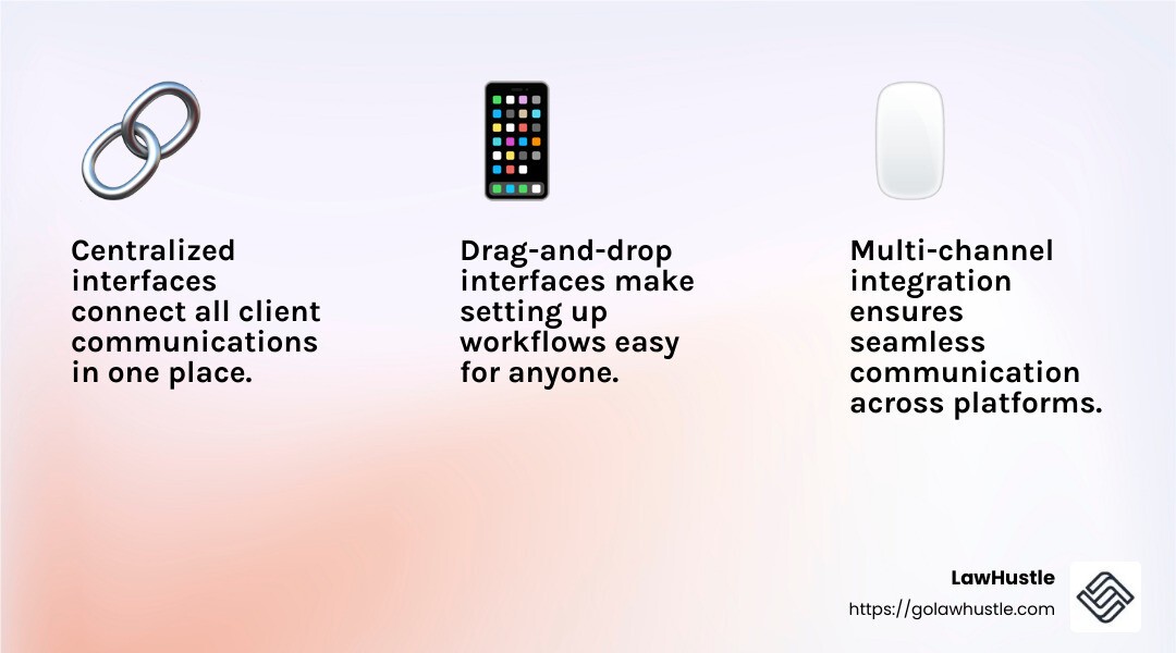 Drag-and-drop interfaces empower users to create workflows without technical expertise. - automated client communication infographic 3_facts_emoji_light-gradient