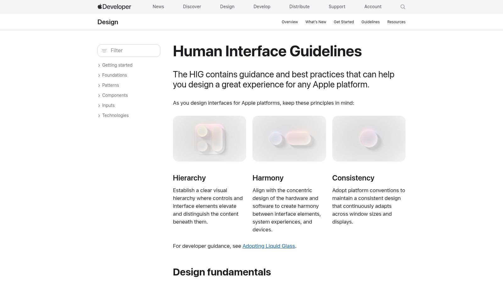 Apple Human Interface Guidelines homepage showing platform design patterns for iOS and visionOS app design