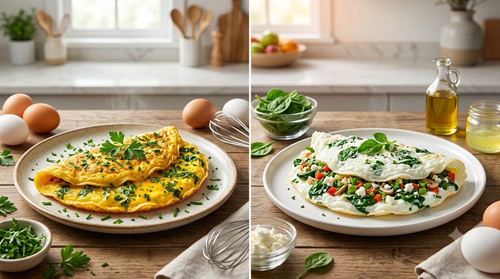 A beautiful split-screen photograph comparing two types of breakfast omelettes on a wooden table in a rustic kitchen setting. The left side shows a golden whole-egg omelette filled with fresh chopped herbs. The right side shows a fluffy, pale egg-white omelette stuffed with spinach, tomatoes, and mushrooms. Surrounding the plates are ingredients like whole brown eggs, loose spinach, a bottle of olive oil, and a wire whisk. The scene is lit by warm morning sunlight.