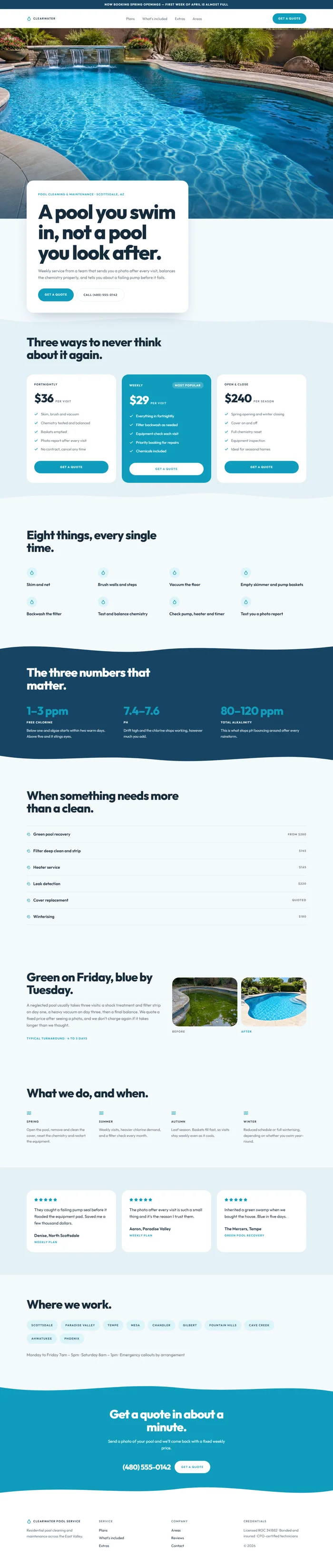 Full page of an AI-generated pool service website with pool hero, maintenance plans, visit checklist, chemistry and reviews